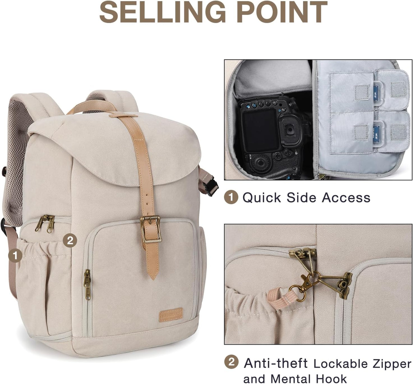 Camera Backpack, DSLR Camera Bag Backpacks for Photographers, Waterproof Anti-Theft Photography Backpack with 15 Inch Laptop Compartment & Tripod Holder, Ivory White