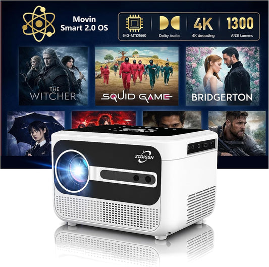 Portable Smart 4K Projector for Home, 1300 ANSI Lumens Movie Projector with Auto Focus, Wifi Bluetooth,3 Brightness Mode, Dolby Audio, Movin Os 2.0-64GB, Built-In Apps for Bedroom, Outdoor, Gaming