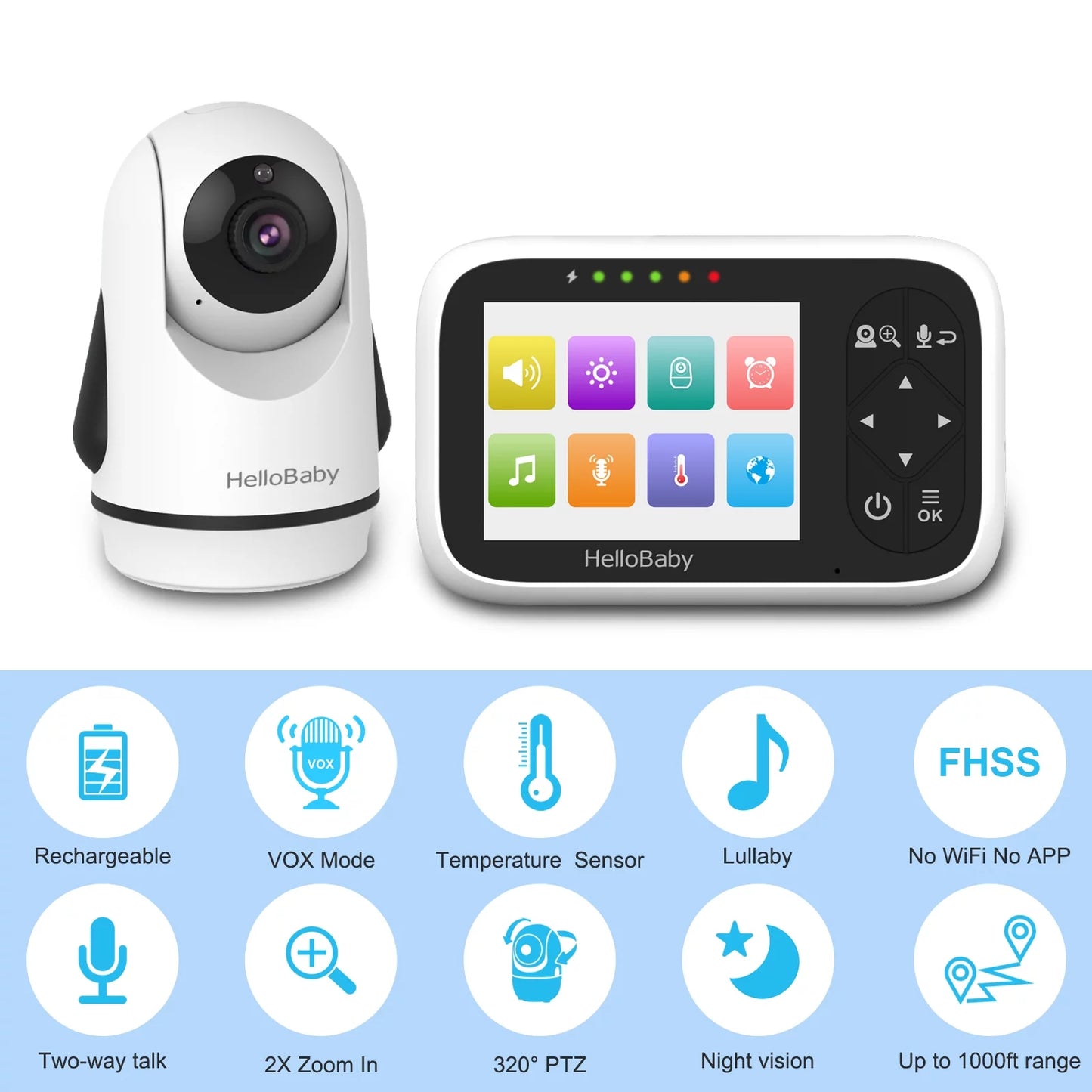 Hb6336 Baby Monitor with Camera and Audio, 3.2" IPS Color Display, Full Remote Pan and Zoom, IR Night Vision, 1000 Ft Range, Wall Mount, Non-WiFi Capability