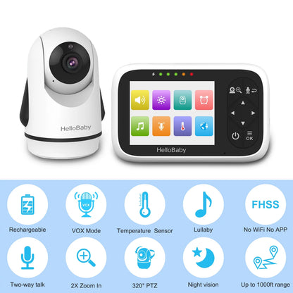 Hb6336 Baby Monitor with Camera and Audio, 3.2" IPS Color Display, Full Remote Pan and Zoom, IR Night Vision, 1000 Ft Range, Wall Mount, Non-WiFi Capability