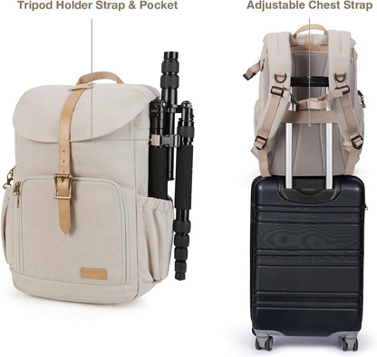 Camera Backpack, DSLR Camera Bag Backpacks for Photographers, Waterproof Anti-Theft Photography Backpack with 15 Inch Laptop Compartment & Tripod Holder, Ivory White