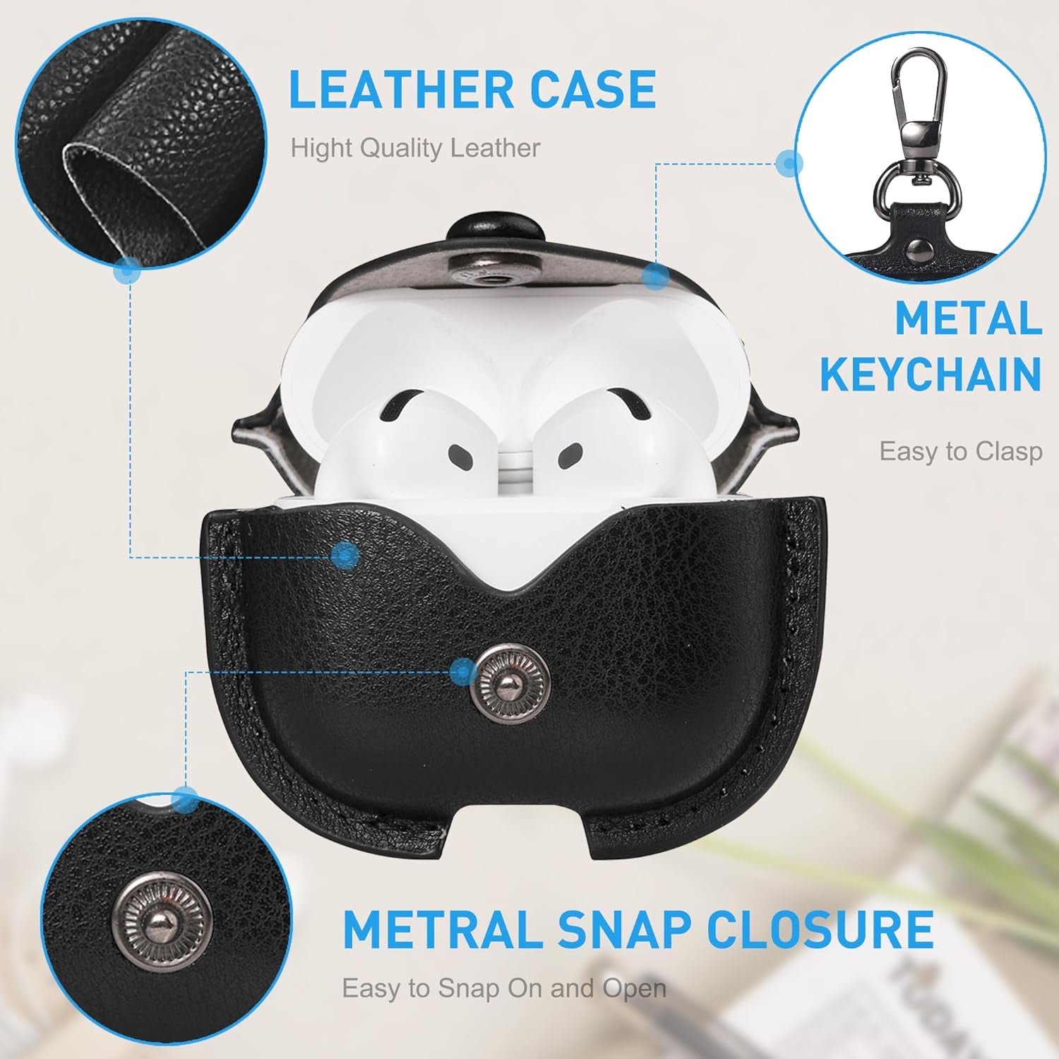 for Airpods 4 Case Leather, for Airpods 4Th Generation Case Cover Leather Airpod Gen 4 Protective Cover with Keychain Compatible with Apple Airpod Generation 4Th 2024, Black